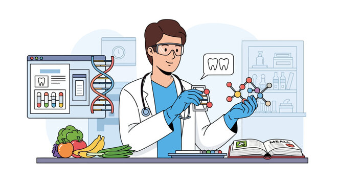 Scientist holding molecular model with DNA and food in laboratory.