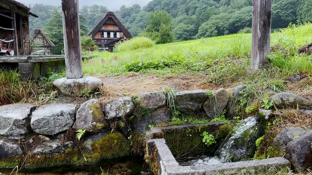 Flowing irrigation canal with historic Wada House and misty mountains in Shirakawa-go, Japan