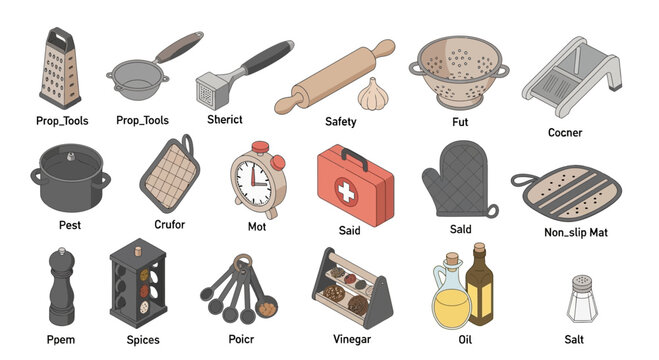 Isometric kitchen utensils and tools collection isolated on white