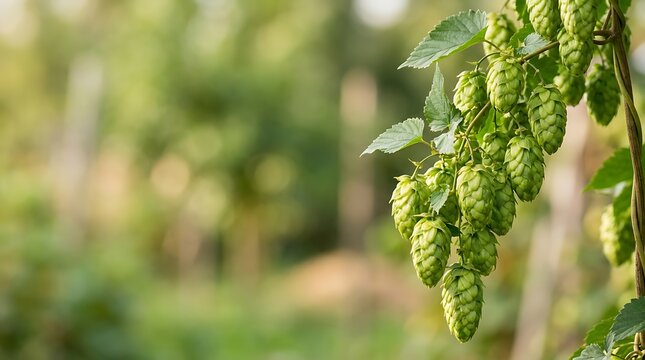 Fresh green hops cones growing on a vine in a sunny field