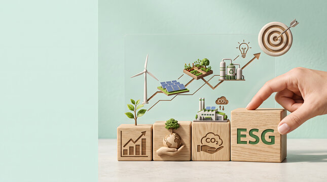 ESG Concept and Sustainable Business Growth: Hand Placing Wooden Block with Green Energy Icons, Renewable Energy and Carbon Footprint Reduction: ESG Strategy with Upward Growth Graph.