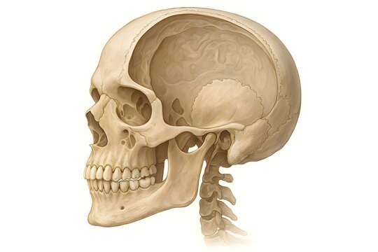 A human skull featuring cranial bones, jaw structure, sinuses, and internal cranial cavity in a semi-transparent educational view, isolated on a white background