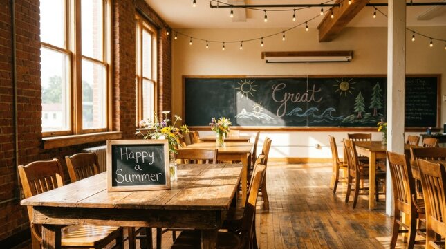 Rustic classroom with happy a summer sign on wooden table