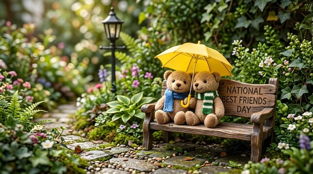 Two Teddy Bears on Miniature Bench Under Yellow Umbrella for 'National Best Friends Day'

