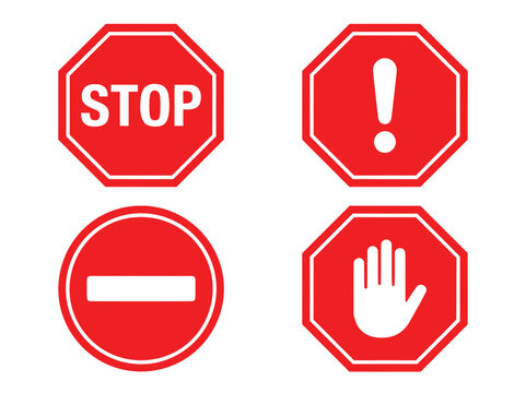 Red stop sign collection with exclamation mark and hand gesture, flat vector warning icons set, traffic and safety alert symbols for road security