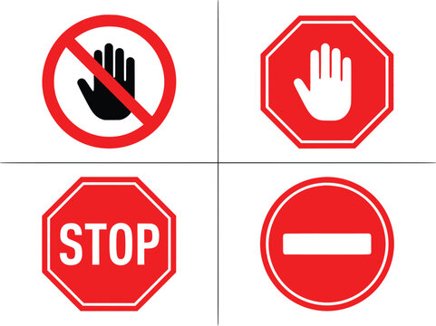 Red stop sign icons set, hand gesture prohibition symbols, octagonal traffic warning signs, no entry and restricted access vector illustrations