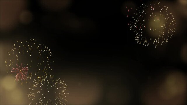 Fireworks explode in a golden sequence against a dark night sky creating an atmospheric festive background.