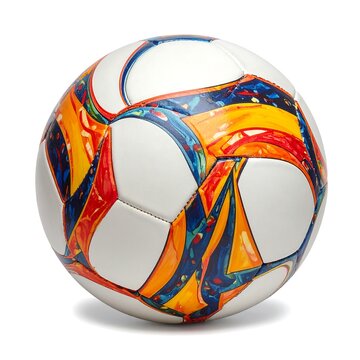 A white soccer ball with vibrant orange, blue, and yellow abstract design