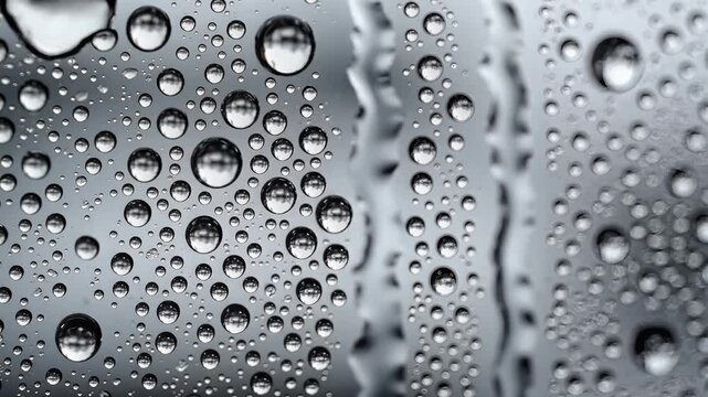 Close up macro shot of numerous water droplets on a smooth transparent surface with soft lighting