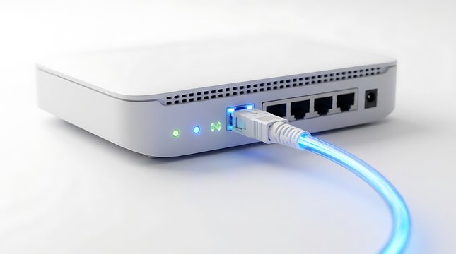 White wifi internet router device with a glowing blue ethernet cable plugged into the network port for fast connection
