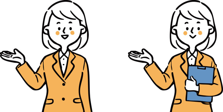スーツを着た女性社員が案内しているイラスト　上半身　ベクター（オレンジ）