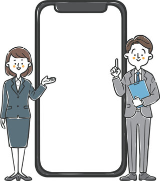 若い女性会社員とビジネスマンとスマートフォン　ベクター
