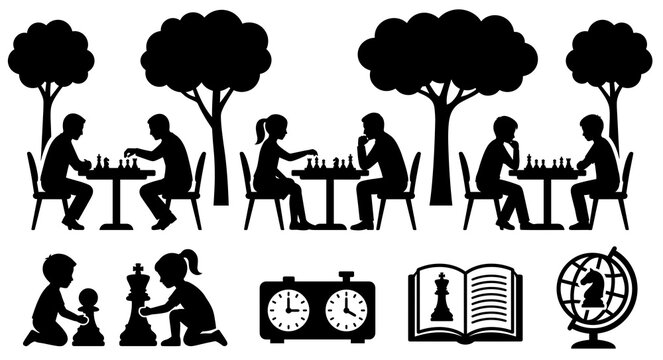 Black silhouette world chess day vector set. People and kids playing board game in park, timer clock, strategy book and checkered globe for global event.