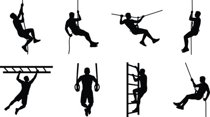 Adventure Obstacle Course Silhouette Set with Rope Climbing and Fitness Training Activities © MdHaberar