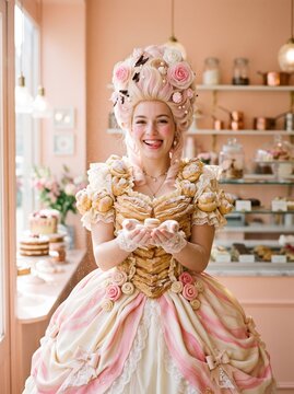 Laughing woman in fantasy rococo costume made of cream puffs and pastries, with pink wig decorated with macarons and chocolates, standing in pastel bakery kitchen setting.