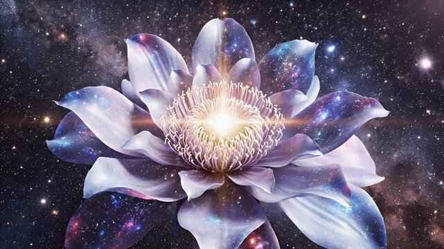 Cosmic Lotus Blossom in Nebula - A luminous lotus flower, infused with the vibrant colors and swirling patterns of a distant nebula and starry sky.