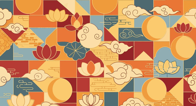 Vibrant Asian inspired seamless pattern background