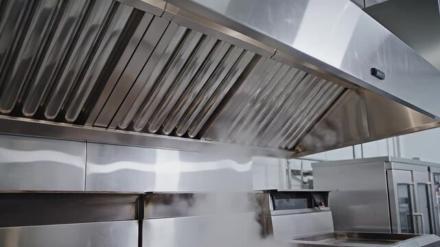 Commercial Kitchen Exhaust Hood with Steam - A close-up view of a stainless steel commercial kitchen exhaust hood, with steam rising from below.