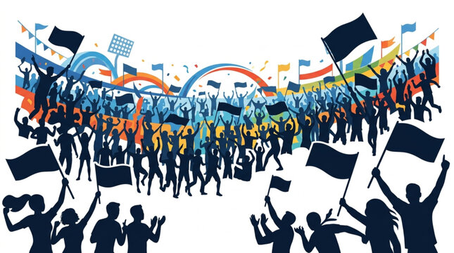 Energetic crowd of silhouetted people waving flags and banners, celebrating under confetti and a rainbow arch, conveying a powerful sense of unity and protest