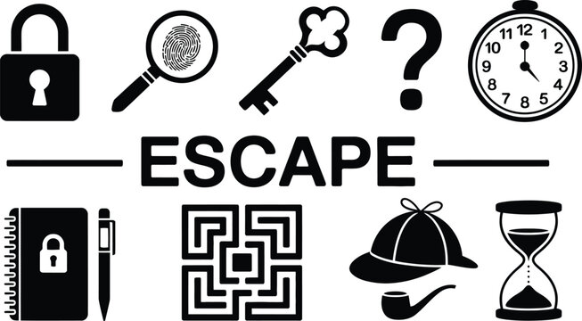 Escape room mystery game set with various related objects and text illustration.