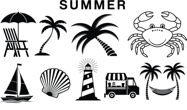 Summer vacation and holiday set with various objects and text illustration design.