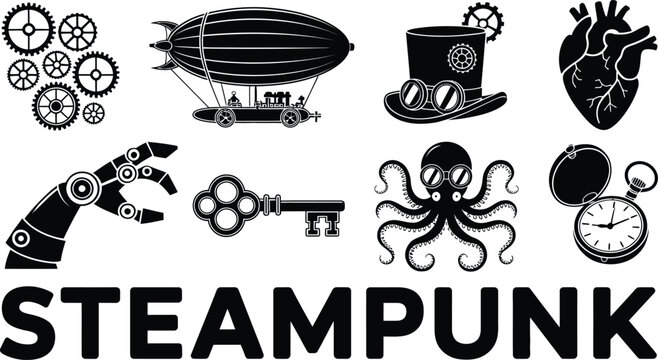 Set of black silhouettes of steampunk elements with word steampunk on background.
