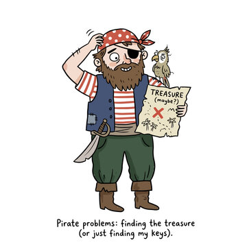 Pirate holding treasure map looking confused about finding hidden gold or keys.