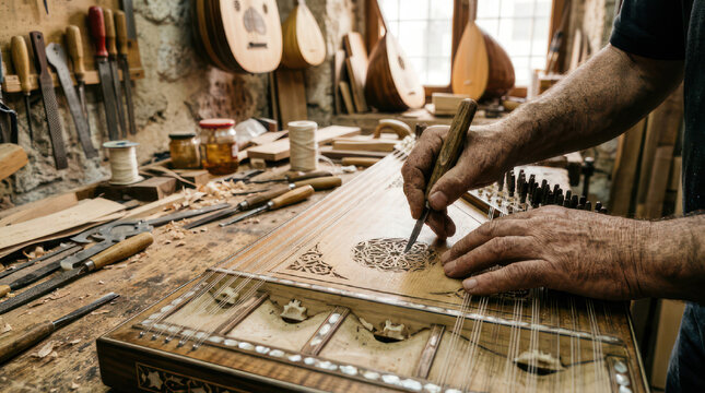 Artisan crafting a traditional musical instrument with intricate details 1.