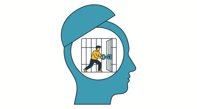 Man opening a prison cell door inside a human head representing mental freedom and breaking out of negative thoughts