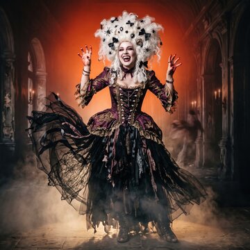 Scary woman in gothic baroque halloween vampire costume with white wig featuring bats, spiders, purple rose and feathers, wearing dark purple lace velvet dress with spider jewelry.