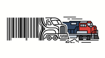 Red freight train locomotive emerging from a black barcode symbol representing modern global logistics and international shipping transportation © Ashok