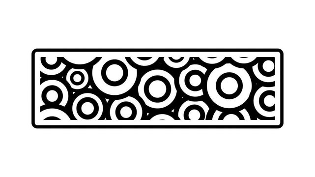 A rectangular border frame filled with black and white concentric circle patterns on a cream beige background