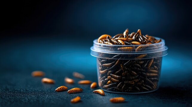 Detailed view of numerous golden and dark insect pupae in a clear plastic container, sustainable protein.