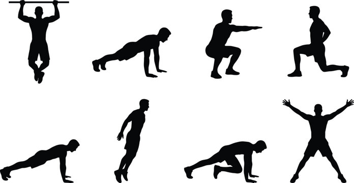 Bodyweight Fitness Exercise Silhouette Set with Pull Up Push Up Squat and Lunge Training