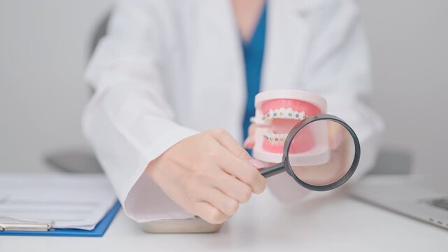 Dentist with Orthodontic tooth model and bracket or brace. Clean and Scrape off tartar. May Orthodontic Health Day, March Oral health, Dentist Day, False Teeth. Toothache and Children Dental Health