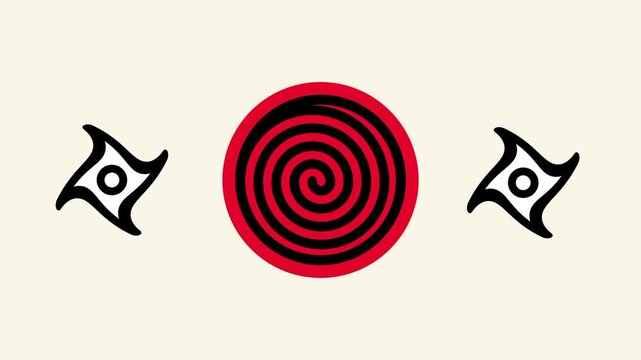 A bold red spiral circle flanked by two black geometric shuriken star shapes on a clean beige background