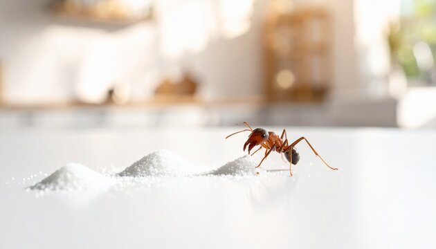 Macro of red ant with white sugar piles on bright kitchen surface