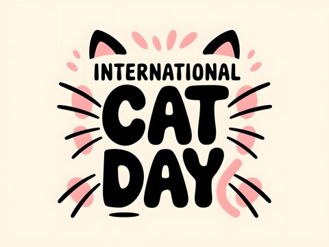 International Cat Day text art surrounded by whiskers, cat ears, and tails in pastel tones, clean modern typography on a plain background