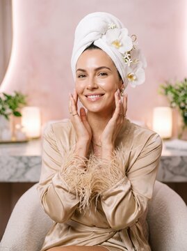 Young woman with white towel turban decorated with white orchid flowers applying moisturizer cream to glowing skin, wearing satin robe with feather trim against pink background.