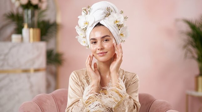 Young woman with white towel turban decorated with white orchid flowers applying moisturizer cream to glowing skin, wearing satin robe with feather trim against pink background.