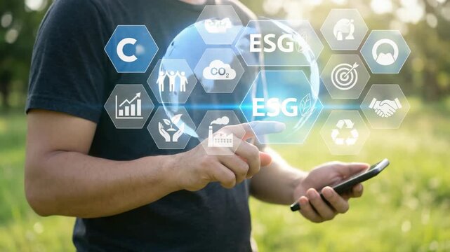 Man in green field using smartphone with ESG icons and globe overlay  eco friendly business concept