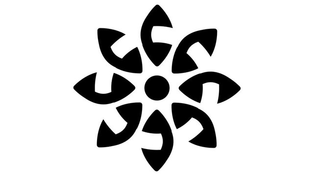 A single bold black floral mandala rosette with radiating curved petal arms on a clean white background