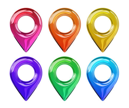 Set of glossy colored 3D map location pin icons. Front view. Transparent glass or plastic navigation marker isolated on background for GPS, map, travel and UI design. 3d render.
