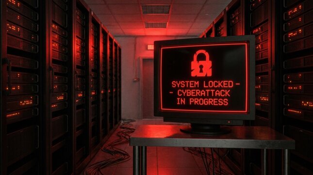 Computer screen displays system locked cyberattack in progress in server room