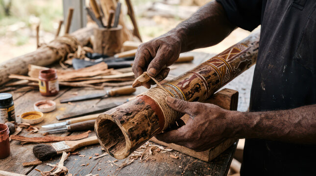 Artisan crafting a wooden didgeridoo with intricate carvings.