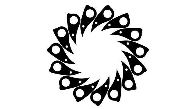 A circular wreath arrangement of black tribal leaf and petal shapes forming a bold decorative ring on white