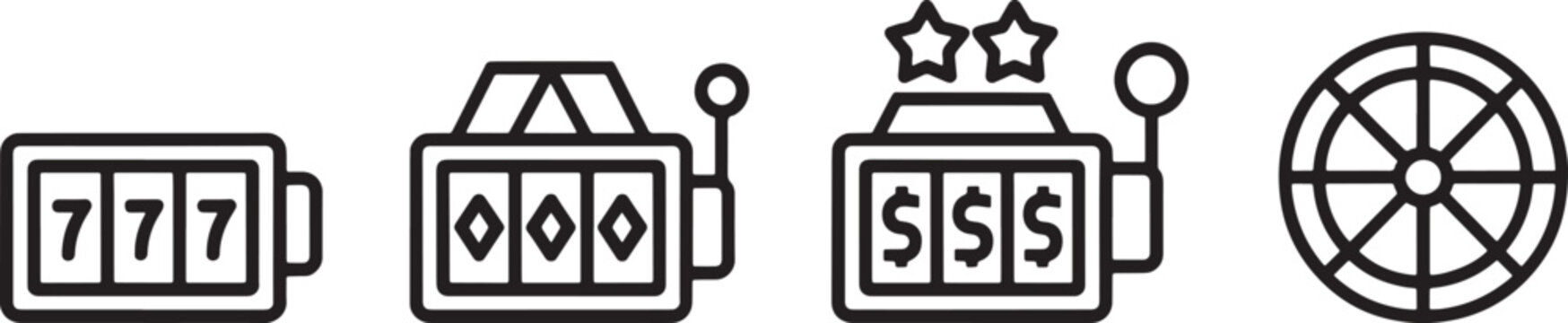 Casino slot machine and spinning fortune wheel icons featuring seven and dollar sign symbols and money lucky and win loss in outline style