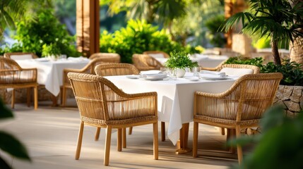 Fototapeta premium Luxurious resort restaurant patio bathed in golden sunlight, featuring elegant white tables and wicker chairs