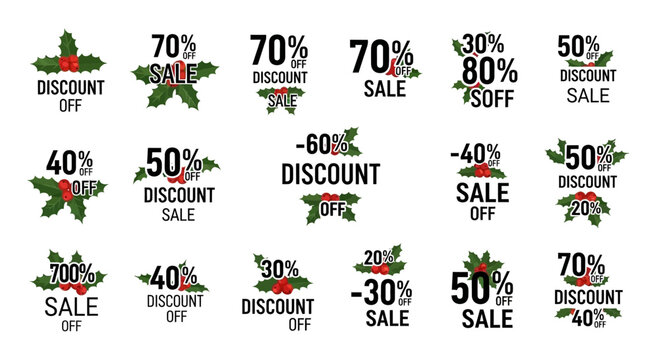 Christmas sale discount percentage offers festive holly berry design