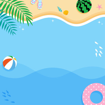 ポップでかわいい夏の砂浜と海の背景イラスト（スクエア）